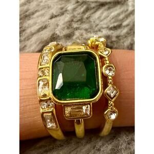 Gold-Plated Emerald Statement Ring with Clear Accent Stones Size 8